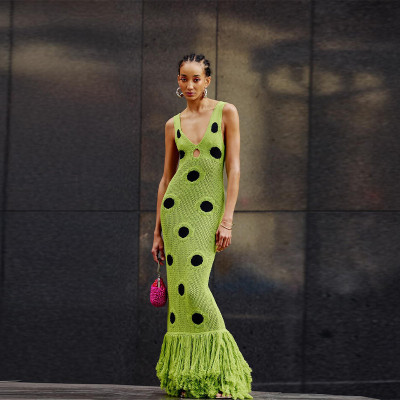 Black polka dot knitted dress with tassel suspender long skirt