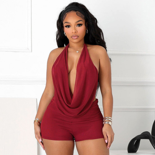 Hanging neck, swinging collar, big backless, tied rope top, shorts two-piece set