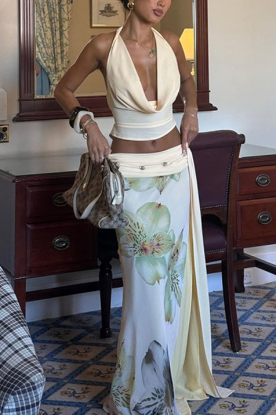 Backless hanging neck top printed long skirt two-piece set