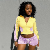 Stand up collar top, sports jacket, shorts set