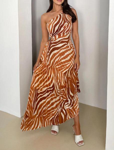 Lace fold print single shoulder sleeveless dress
