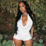 Hanging neck, swinging collar, big backless, tied rope top, shorts two-piece set