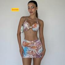 Hanging neck tie, contrasting color, twisted chain print dress