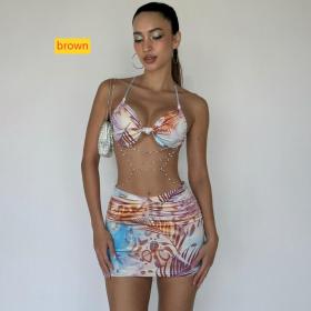 Hanging neck tie, contrasting color, twisted chain print dress