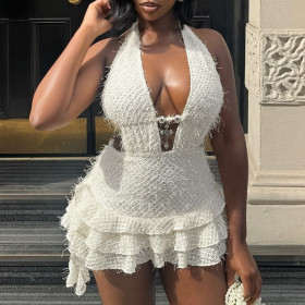 V-neck hollowed out fluffy skirt with neck strap and exposed back fine fur short skirt
