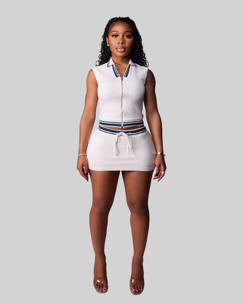 Shirt collar top with threaded lace up skirt set