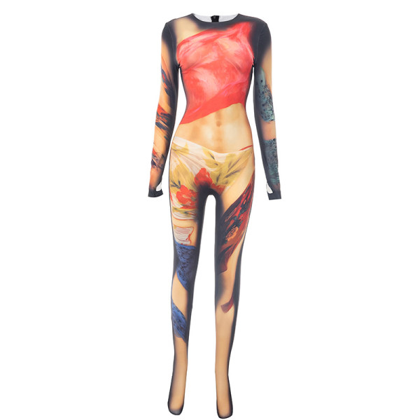 Body painted printed round neck long sleeved tight fitting jumpsuit pants