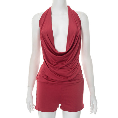 Hanging neck, swinging collar, big backless, tied rope top, shorts two-piece set