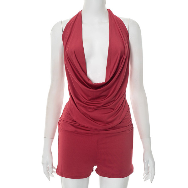 Hanging neck, swinging collar, big backless, tied rope top, shorts two-piece set