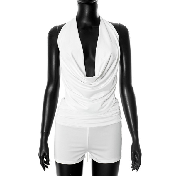Hanging neck, swinging collar, big backless, tied rope top, shorts two-piece set