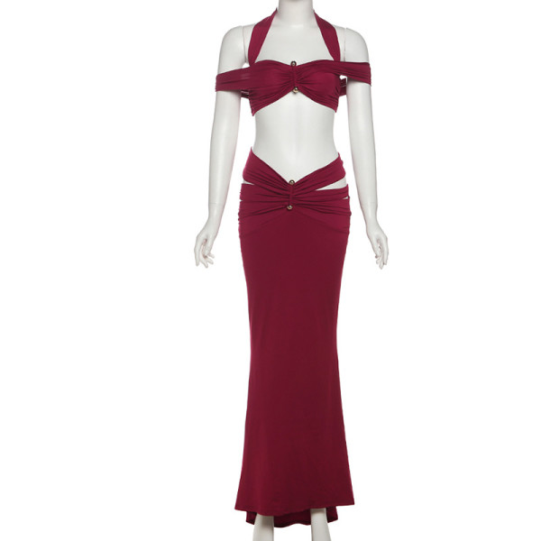 Hanging neck and exposed navel camisole vest, hip hugging skirt set