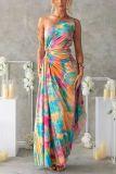 Lace fold print single shoulder sleeveless dress