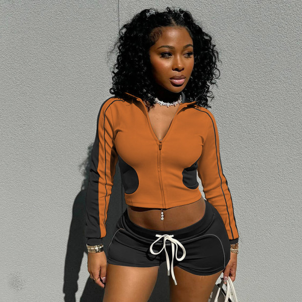Stand up collar top, sports jacket, shorts set