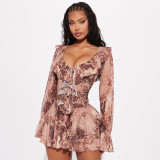 Lotus leaf collar long sleeved mesh leopard print off shoulder pleated rolled edge dress