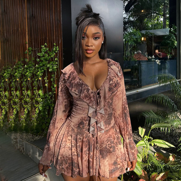 Lotus leaf collar long sleeved mesh leopard print off shoulder pleated rolled edge dress