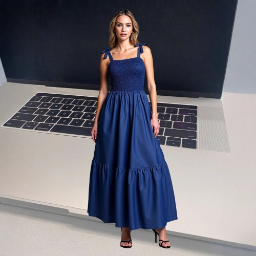 Strapless, shoulder baring, comfortable strap, slimming and long denim dress
