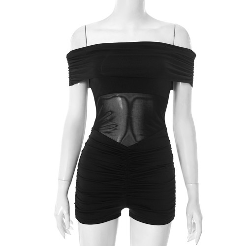 Folding one shoulder splicing mesh transparent pleated three part jumpsuit