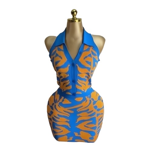 Tiger print V-neck hanging neck backless top+hip hugging short skirt knitted two-piece set