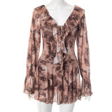 Lotus leaf collar long sleeved mesh leopard print off shoulder pleated rolled edge dress