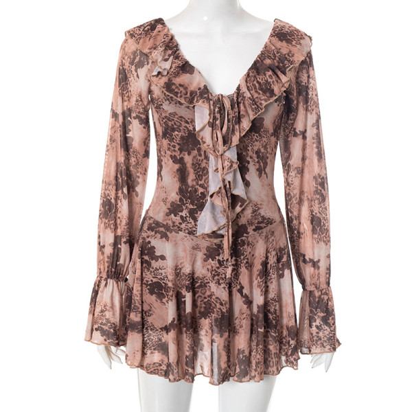 Lotus leaf collar long sleeved mesh leopard print off shoulder pleated rolled edge dress