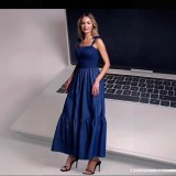 Strapless, shoulder baring, comfortable strap, slimming and long denim dress