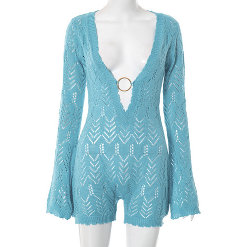 Hollow out woolen deep V-neck circular splicing micro flared long sleeved three part jumpsuit