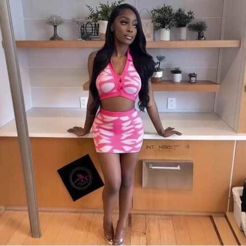 Tiger print V-neck hanging neck backless top+hip hugging short skirt knitted two-piece set