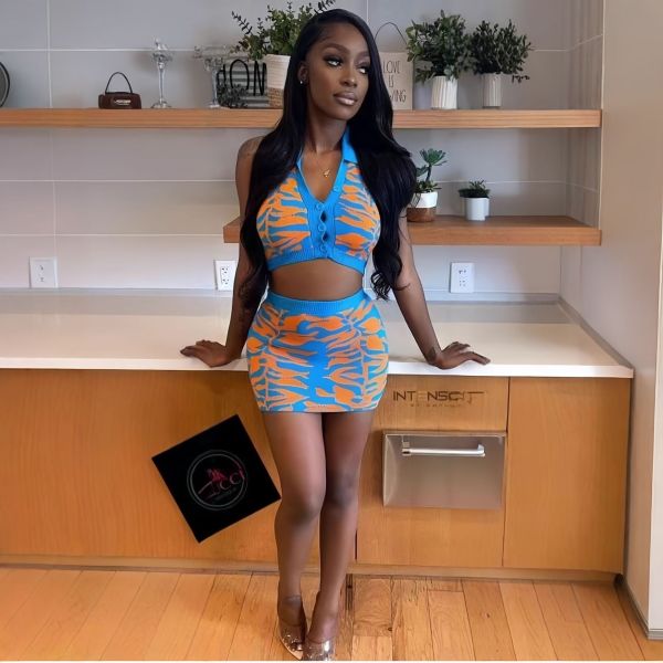 Tiger print V-neck hanging neck backless top+hip hugging short skirt knitted two-piece set