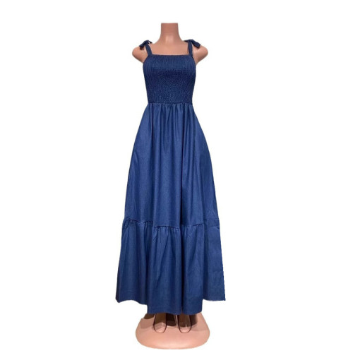 Strapless, shoulder baring, comfortable strap, slimming and long denim dress
