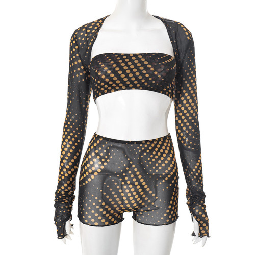 Finger hugging shoulder strapless patchwork polka dot mesh printed exposed navel set