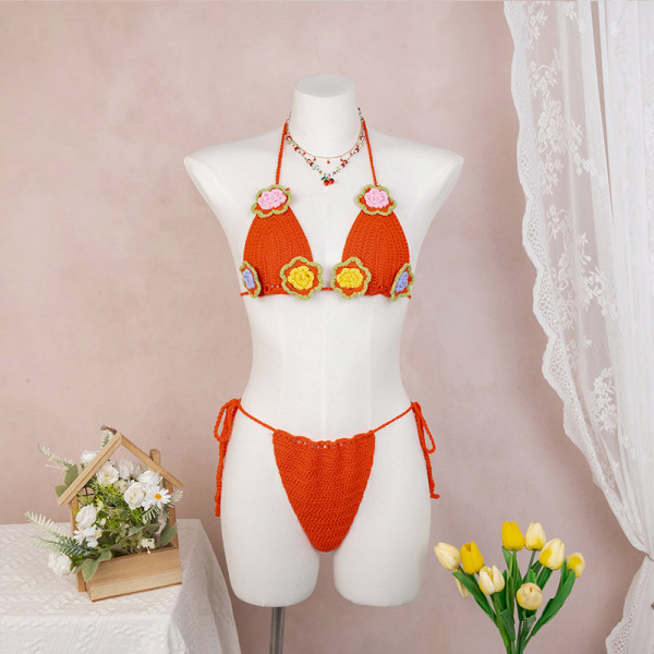 Hand hook woven three-dimensional flower hollow bikini set