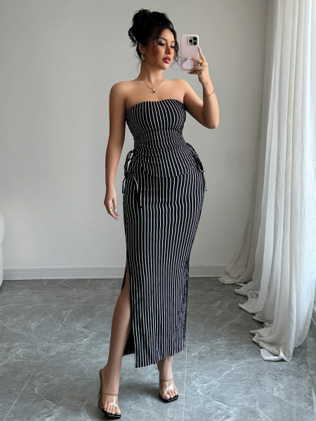 Striped strap strapless waist bag skirt set