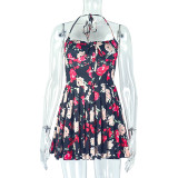 Printed pleated waist cinching neck wrapped short dress