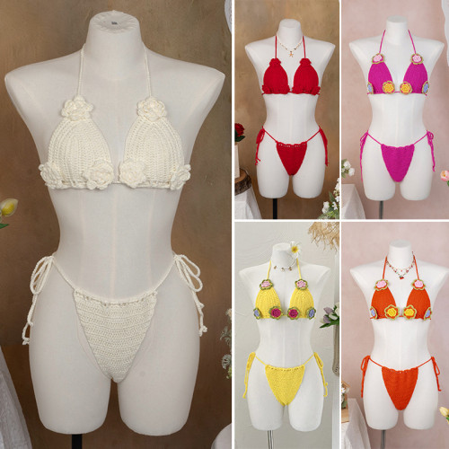 Hand hook woven three-dimensional flower hollow bikini set
