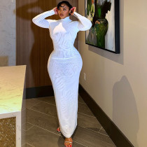 Open backpack hip skirt stand collar long sleeved dress