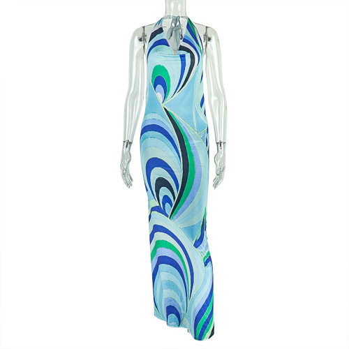 Splicing backless hanging neck bag buttocks skirt, printed swing collar pleated long dress