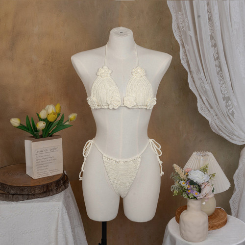 Hand hook woven three-dimensional flower hollow bikini set