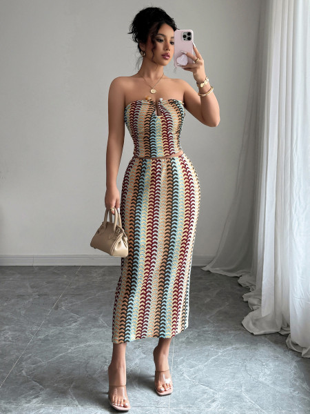 Strapless top, hip hugging long skirt set