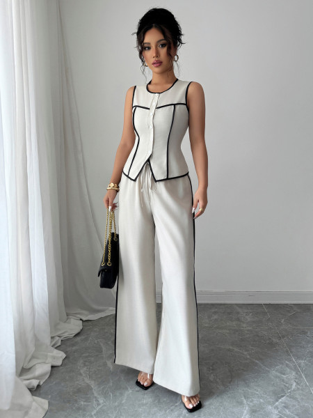 Button vest wide leg pants two-piece set