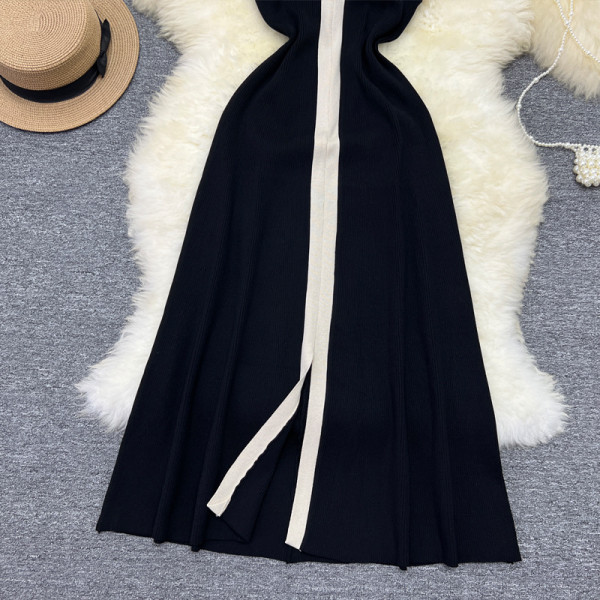 Color blocked front and rear V-neck long suspender knitted dress