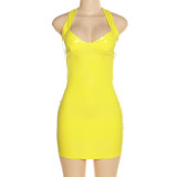 V-neck PU glossy waist bag waist strap dress