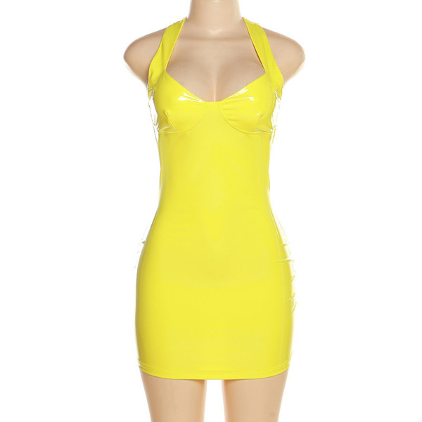 V-neck PU glossy waist bag waist strap dress