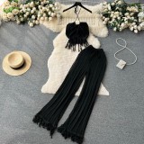 Knitted tassel hanging neck top, high waisted hollowed out pants two-piece set