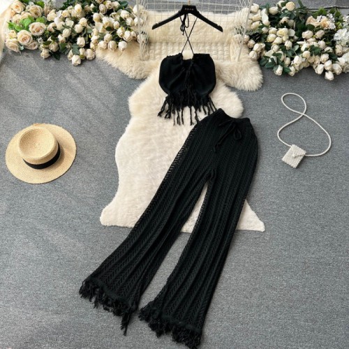 Knitted tassel hanging neck top, high waisted hollowed out pants two-piece set