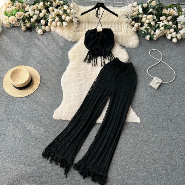 Knitted tassel hanging neck top, high waisted hollowed out pants two-piece set