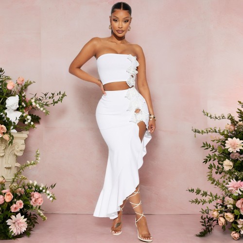 High slit strapless ruffle lace two-piece set