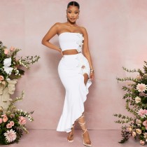 High slit strapless ruffle lace two-piece set High slit strapless ruffle lace two-piece set