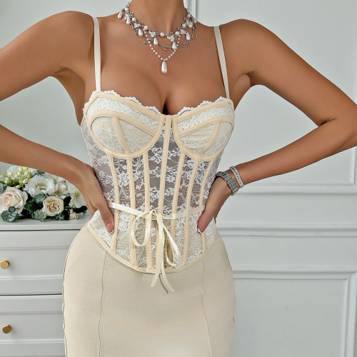 Strap A-line fishbone small lace see through suspender vest