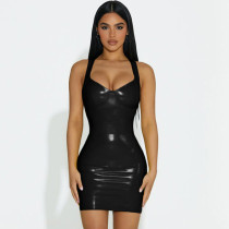 V-neck PU glossy waist bag waist strap dress