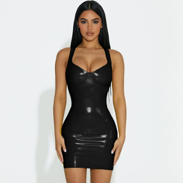V-neck PU glossy waist bag waist strap dress